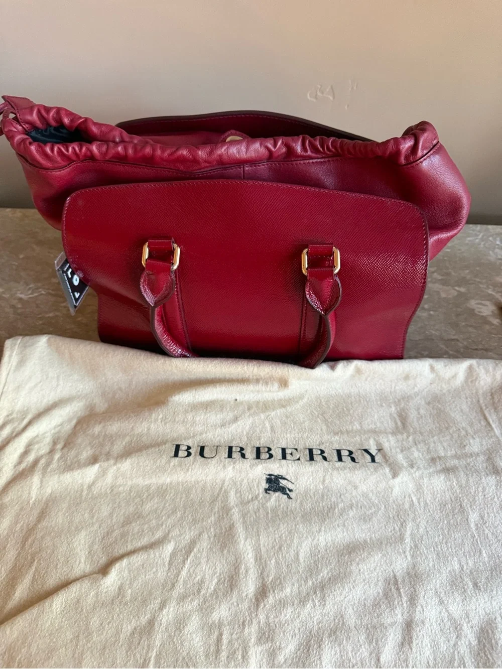 Burberry Burgundy Leather Satchel with Gold Hardware